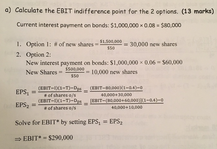 Solved Calculate the EBIT indifference point for the 2 | Chegg.com