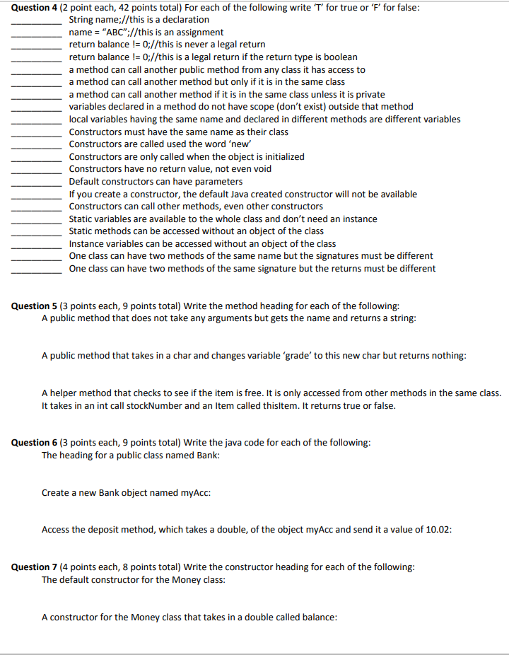 Solved Question 4 (2 point each, 42 points total) For each | Chegg.com