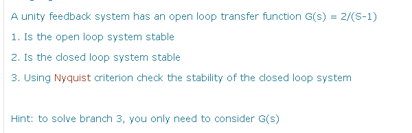 Solved A unity feedback system has an open loop transfer | Chegg.com