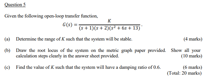 Question 5 Given the following open-loop transfer | Chegg.com