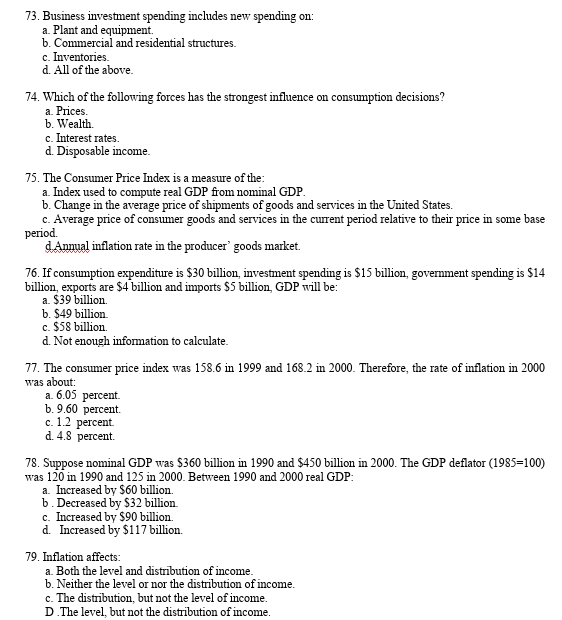 Solved 73. Business investment spending includes new