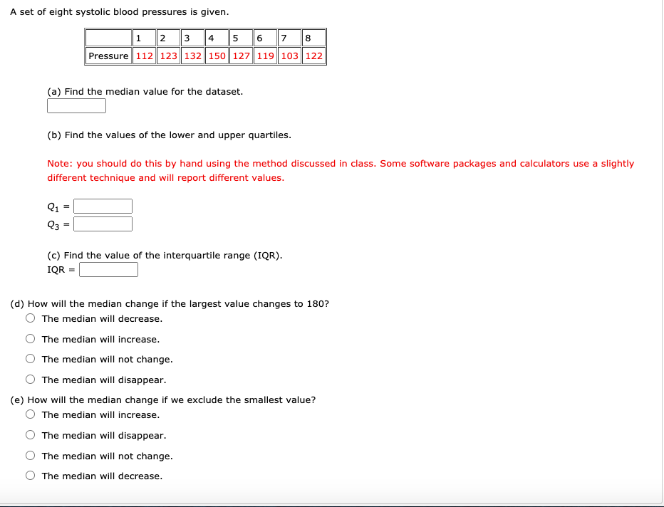Solved A Set Of Eight Systolic Blood Pressures Is Given Chegg Com