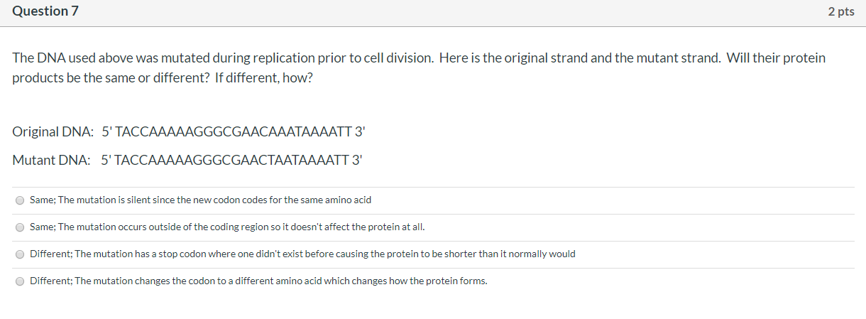 Solved Question 5 2 pts What is the mRNA sequence resulting | Chegg.com