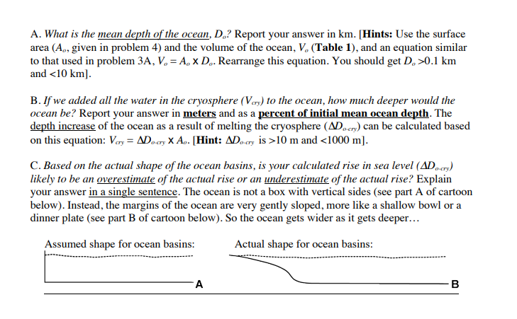 Solved A. What is the mean depth of the ocean, D.? Report | Chegg.com