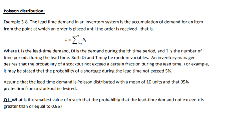 Solved Poisson distribution: Example 5-8. The lead time | Chegg.com