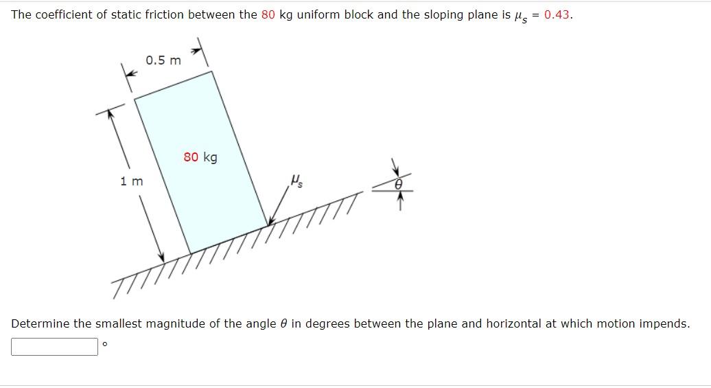 The coefficient of static friction between the 80 kg uniform block and the sloping plane is ? = 0.43.
0.5 m
10
1 m
80 kg
4
De