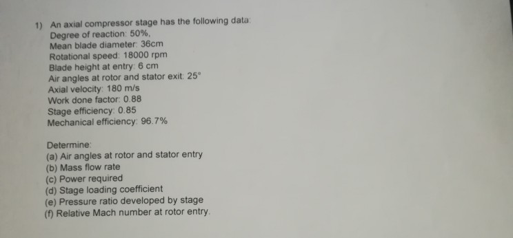Solved 1) An axial compressor stage has the following data | Chegg.com