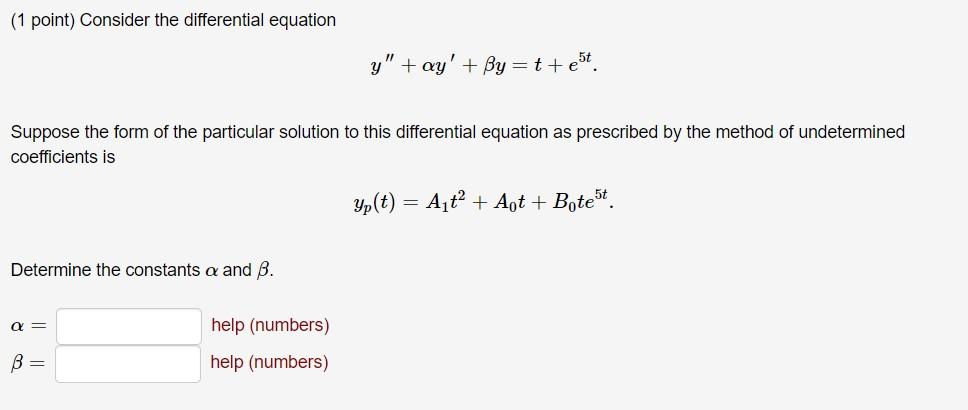 Solved (1 Point) Consider The Differential Equation Y" + Ay' | Chegg.com