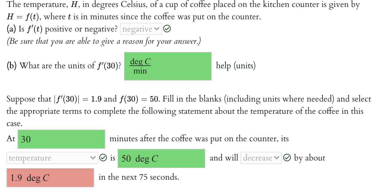 Solved The temperature, H, in degrees Celsius, of a cup of