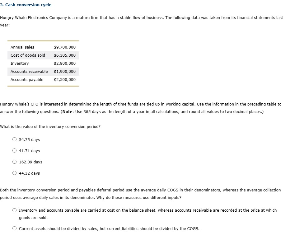 Solved Cash Conversion Cycle Hungry Whale Electronics | Chegg.com