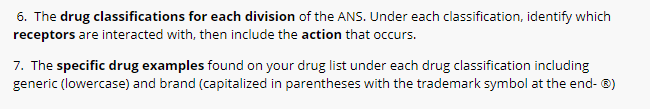 6. The drug classifications for each division of the ANS. Under each classification, identify which receptors are interacted