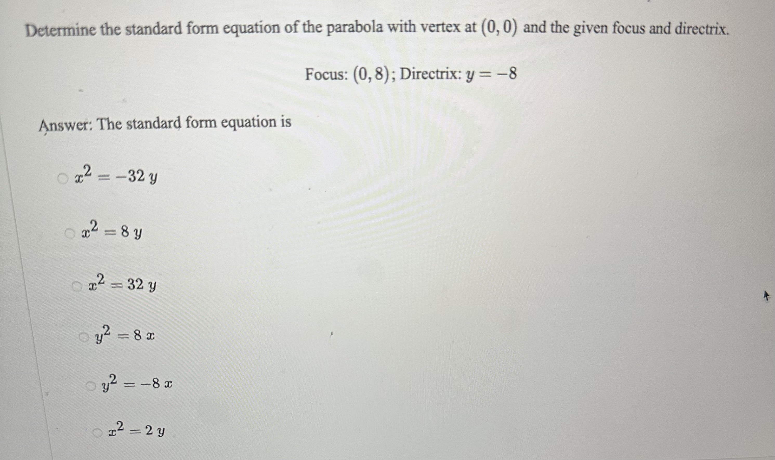 Solved Determine the standard form equation of the parabola | Chegg.com