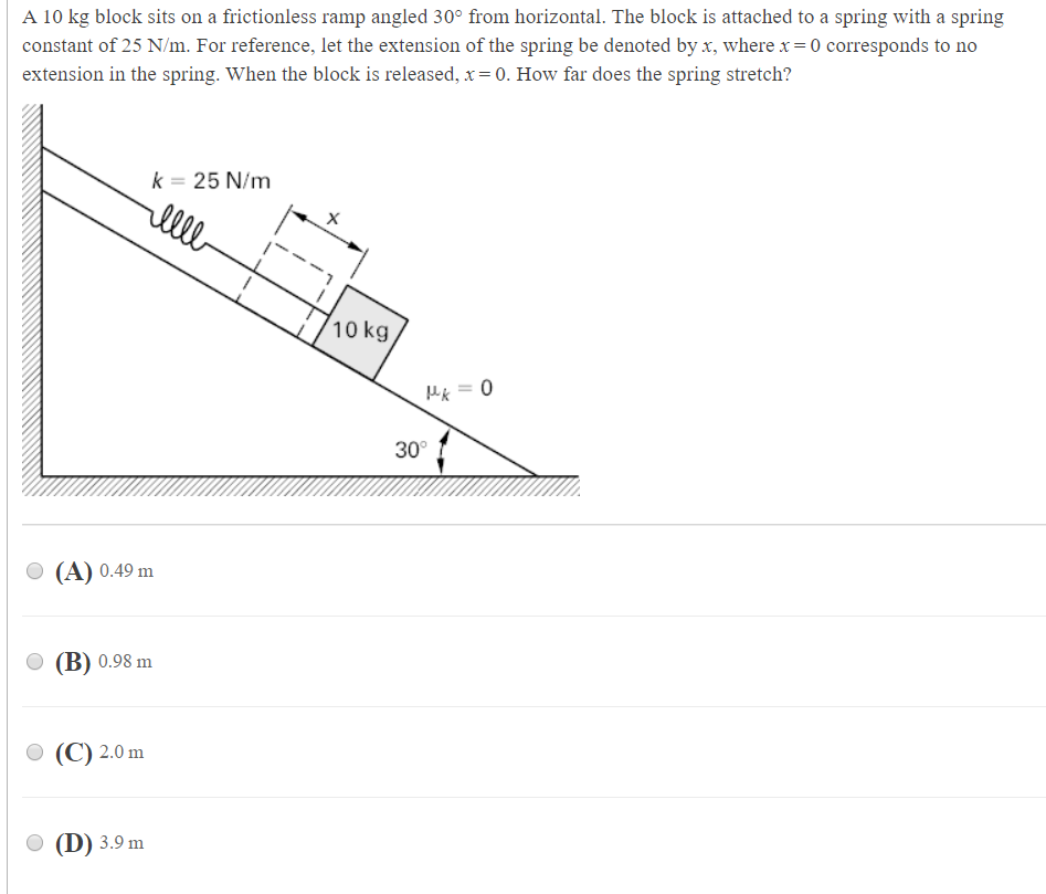 Solved A 10 kg block sits on a frictionless ramp angled 30°