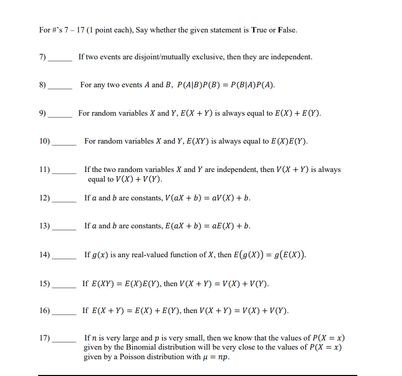 Solved For S 7 17 1 Point Each Say Whether The Given Chegg Com