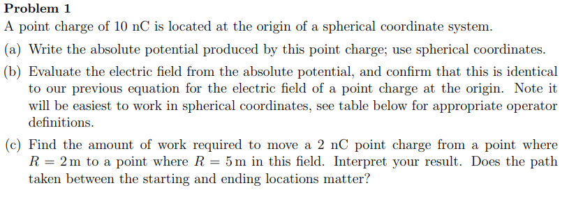 Solved Problem 1 A point charge of 10 nC is located at the | Chegg.com