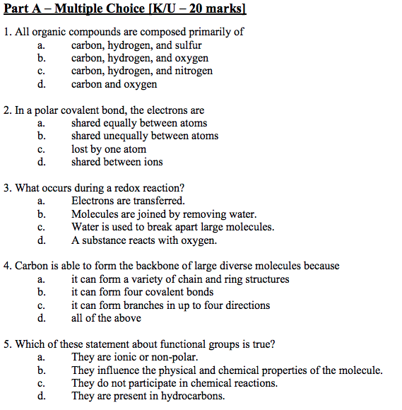 Solved Part A - Multiple Choice (K/U – 20 marks) 1. All | Chegg.com