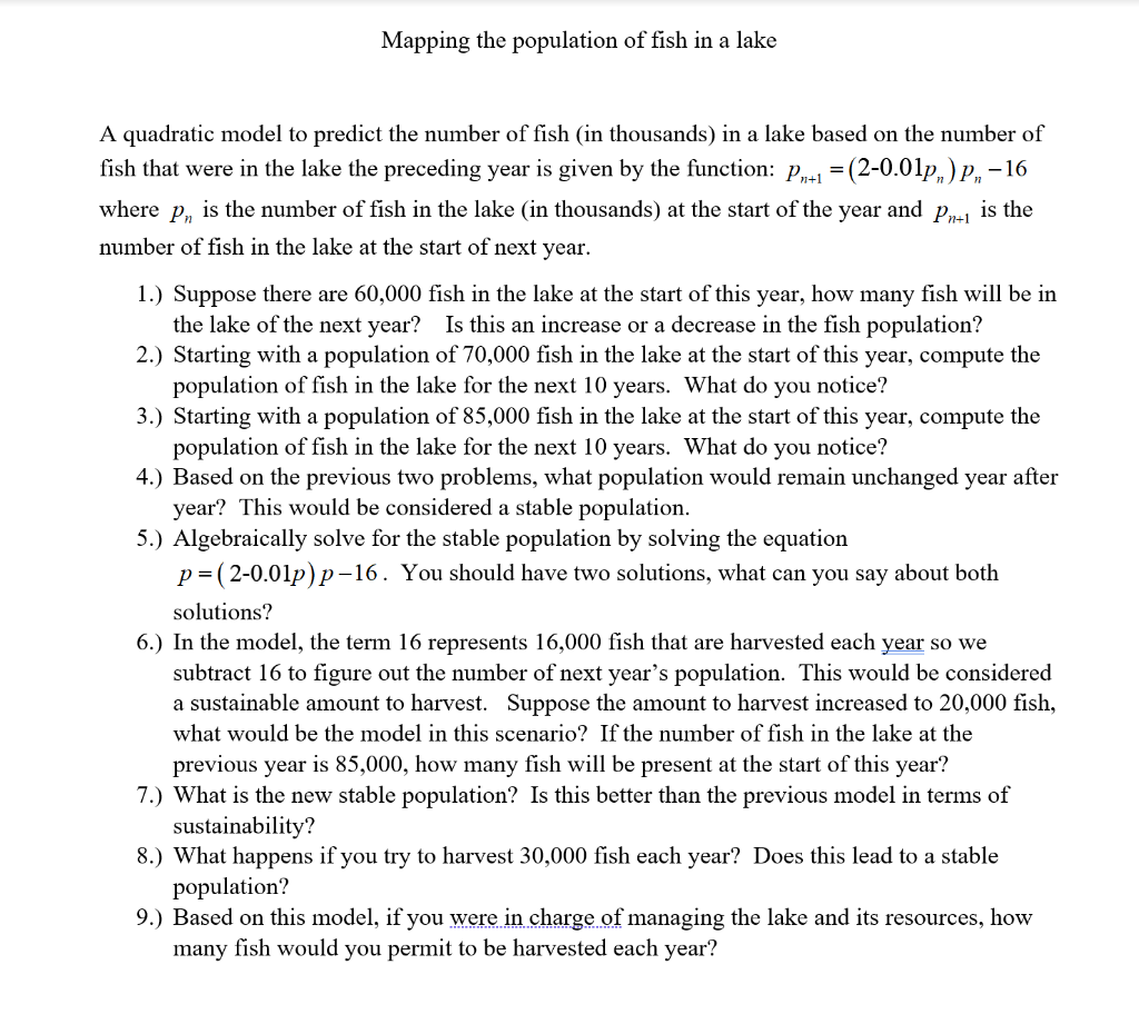 Solved Mapping the population of fish in a lake year and | Chegg.com