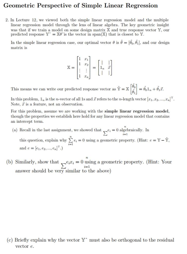 Solved Geometric Perspective of Simple Linear Regression 2. | Chegg.com