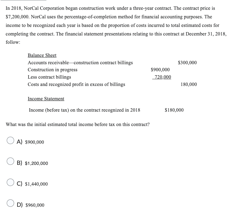 Solved In 2018, NorCal Corporation began construction work | Chegg.com