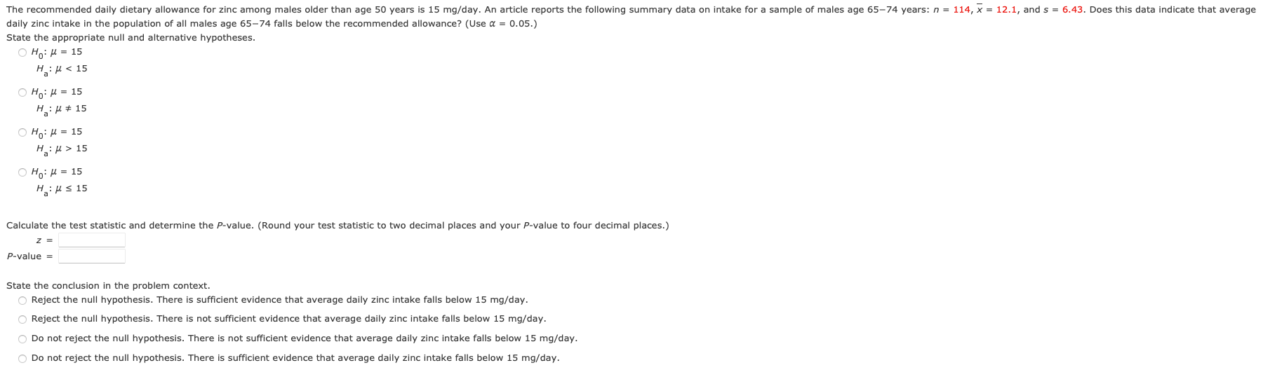 Solved daily zinc intake in the population of all males age