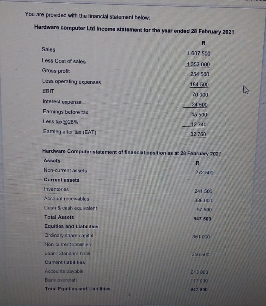 Solved You are provided with the financial statement below: | Chegg.com