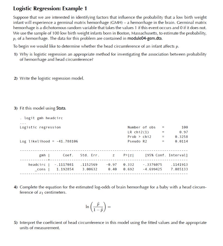 Solved Logistic Regression: Example 1 Suppose that we are | Chegg.com