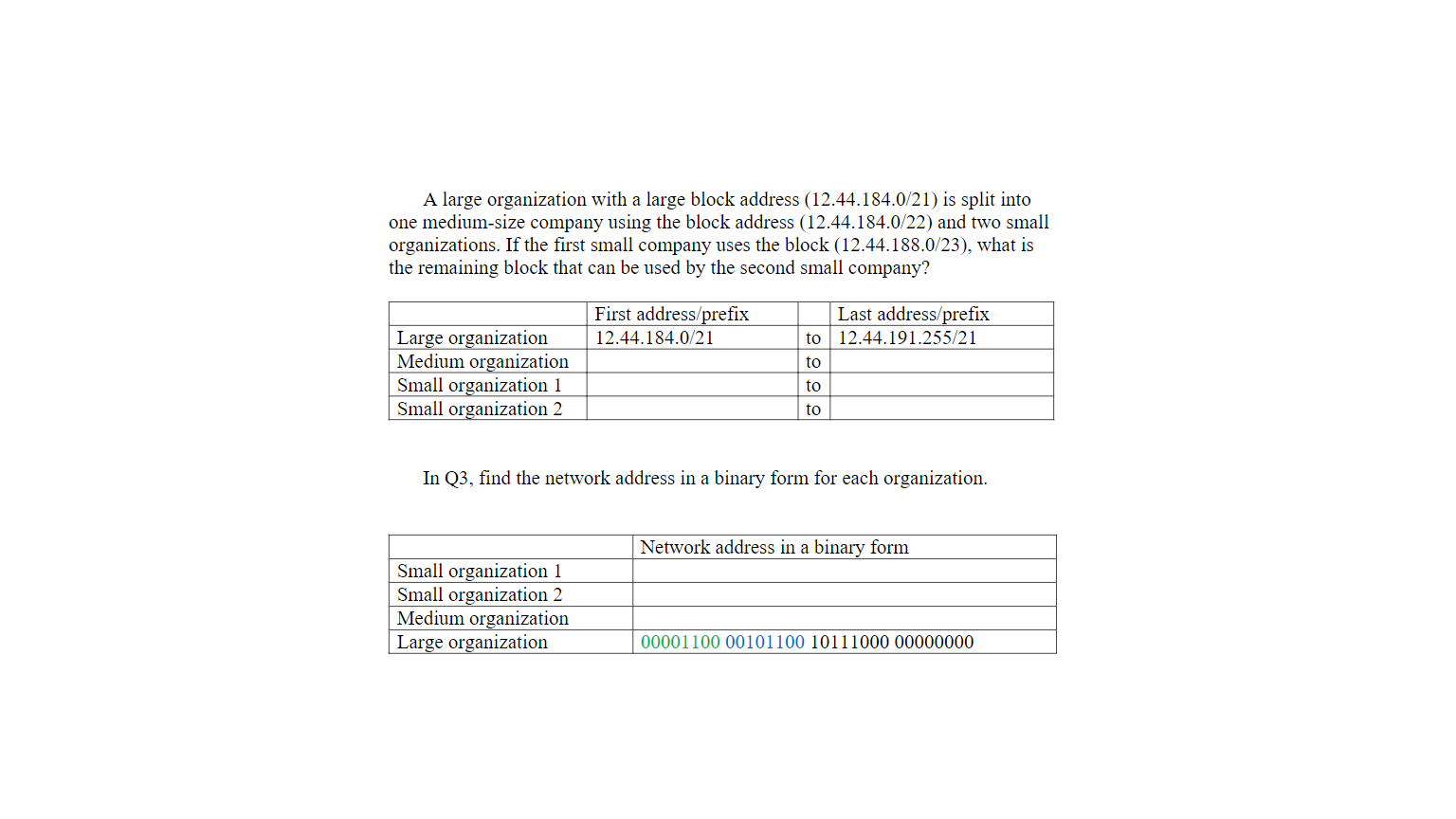 Solved A large organization with a large block address | Chegg.com