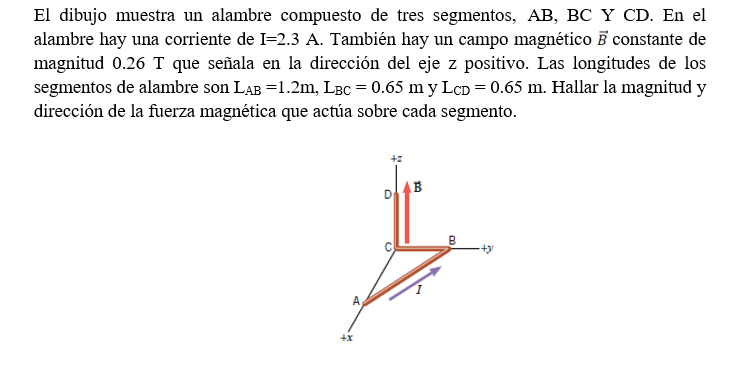 El dibujo muestra un alambre compuesto de tres segmentos, \( \mathrm{AB}, \mathrm{BC} \mathrm{Y} C \). En el alambre hay una