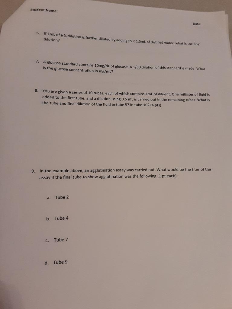 Solved Student Name Date Dilutions Exercise (40 Points)