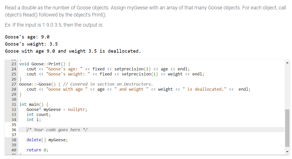 Solved Read a double as the number of Goose objects. Assign | Chegg.com