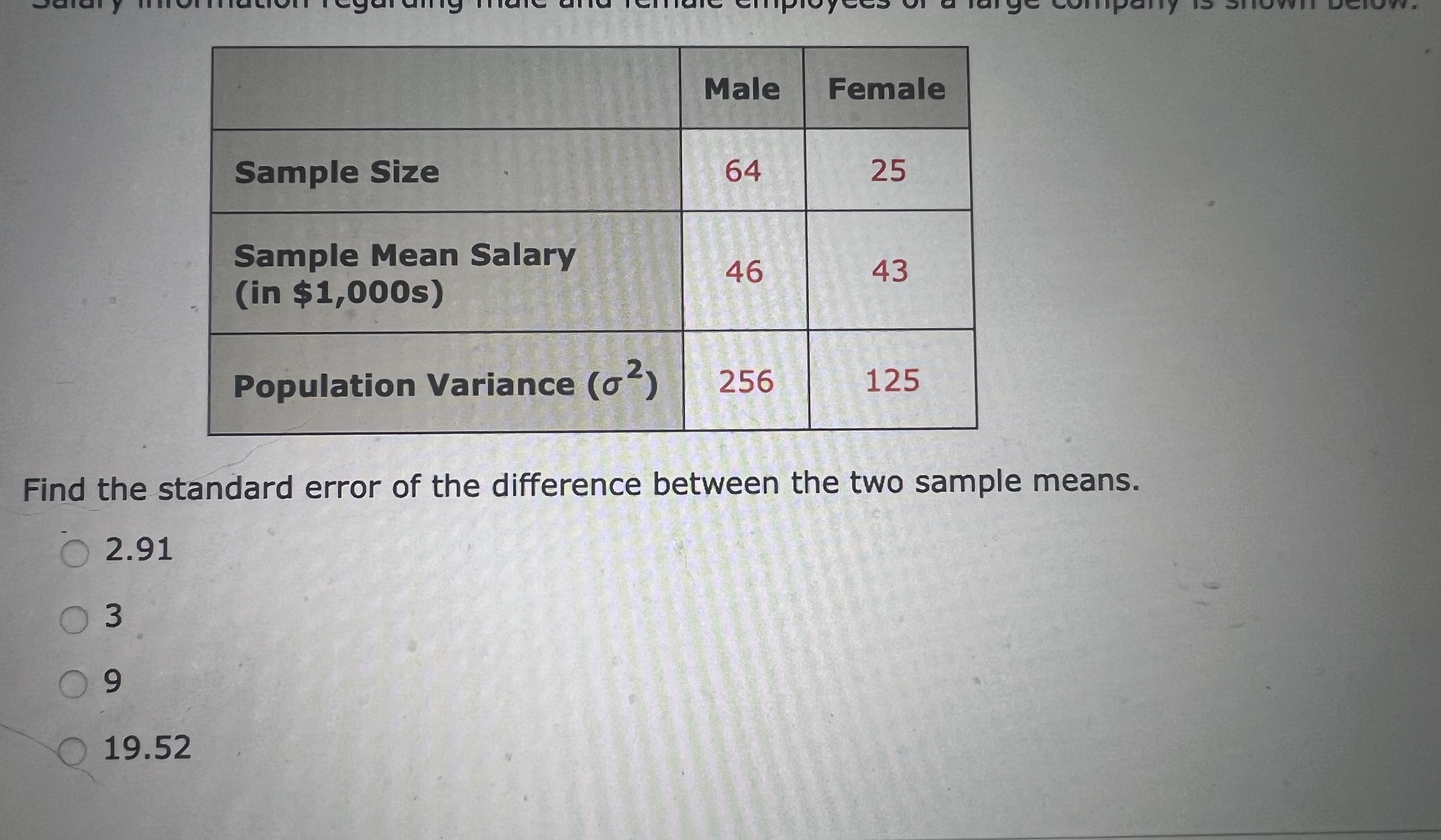 Solved Find the standard error of the difference between the | Chegg.com
