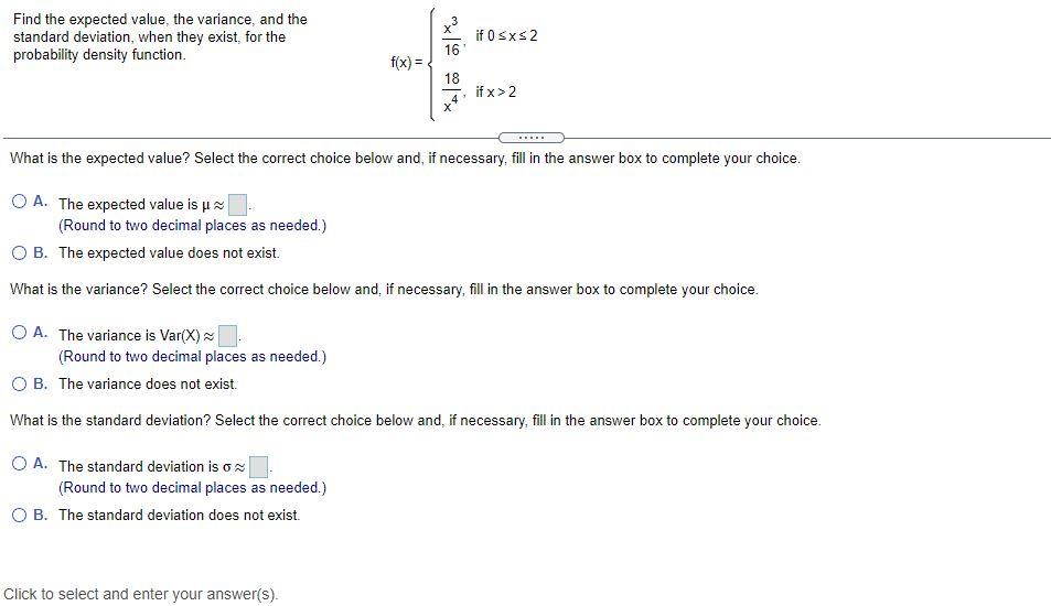 Solved Find the expected value, the variance, and the | Chegg.com