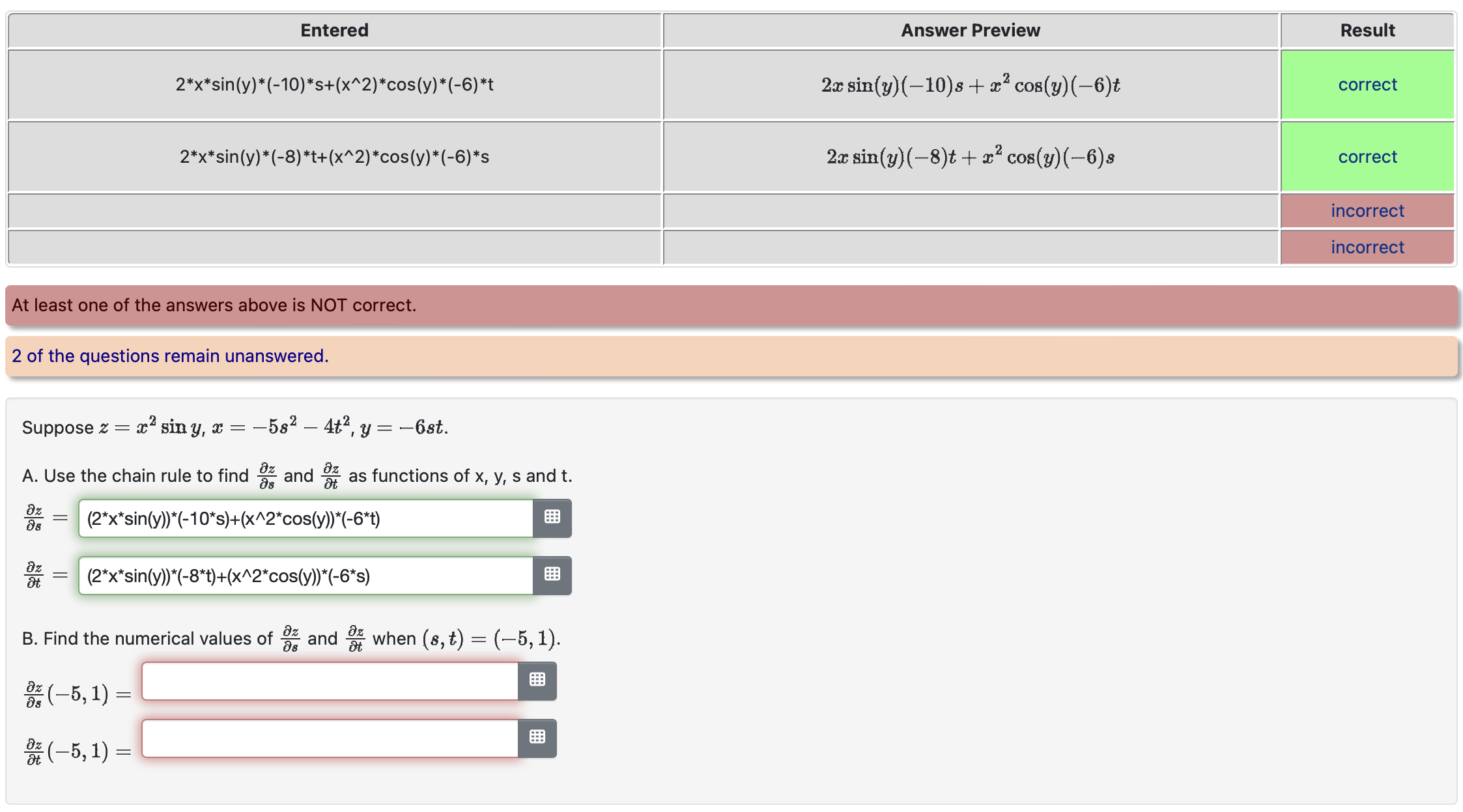 Solved Suppose Zx2sinyx−5s2−4t2y−6st A Use The Chain 1282