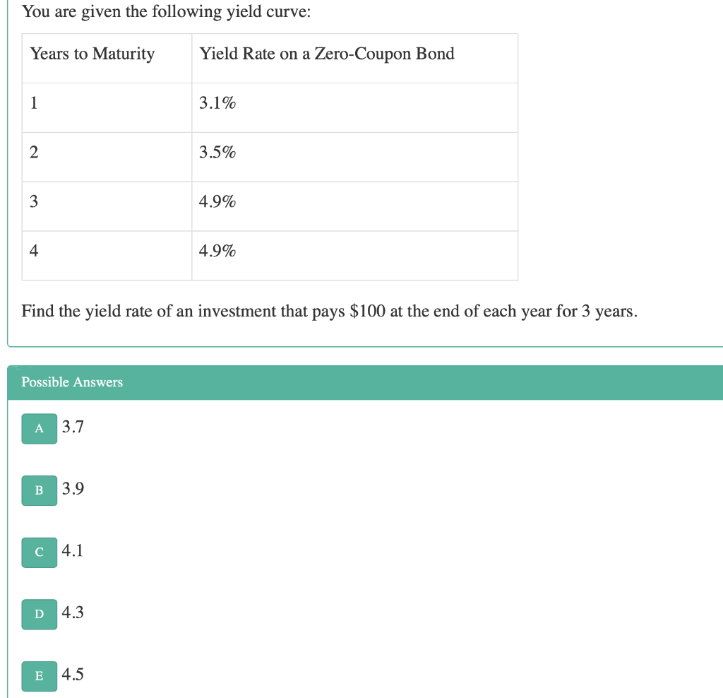 Solved You Are Given The Following Yield Curve: Years To | Chegg.com