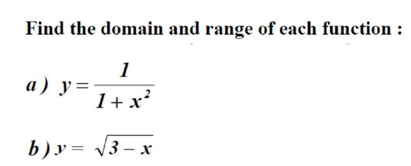 Solved Find the domain and range of each function : 1 a) y= | Chegg.com