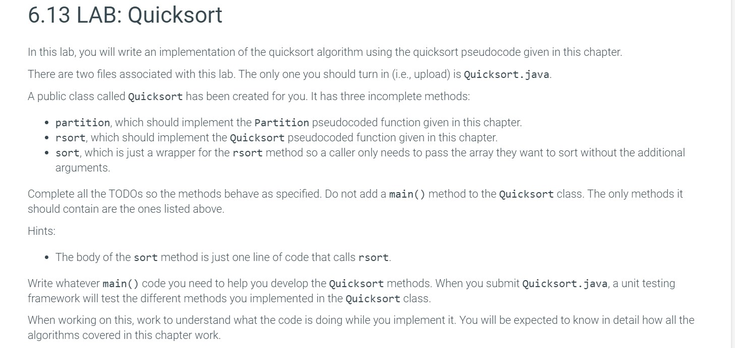 Solved 6.13 LAB: Quicksort In this lab, you will write an | Chegg.com