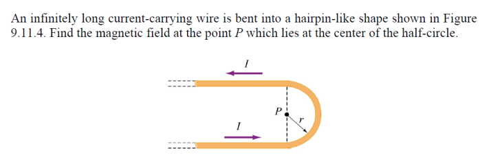 An infinitely long current-carrying wire is bent into a hairpin-like shape shown in Figure 9.11.4. Find the magnetic field at