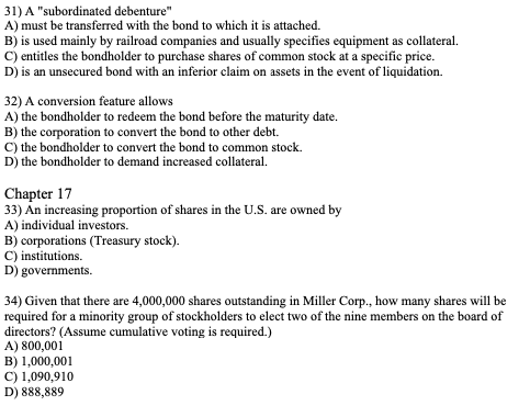 Solved 31) A "subordinated Debenture" A) Must Be Transferred | Chegg.com