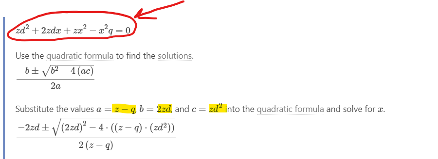 Solved How did it get a=z-q, b=2zd, and c=zd^2 from the | Chegg.com