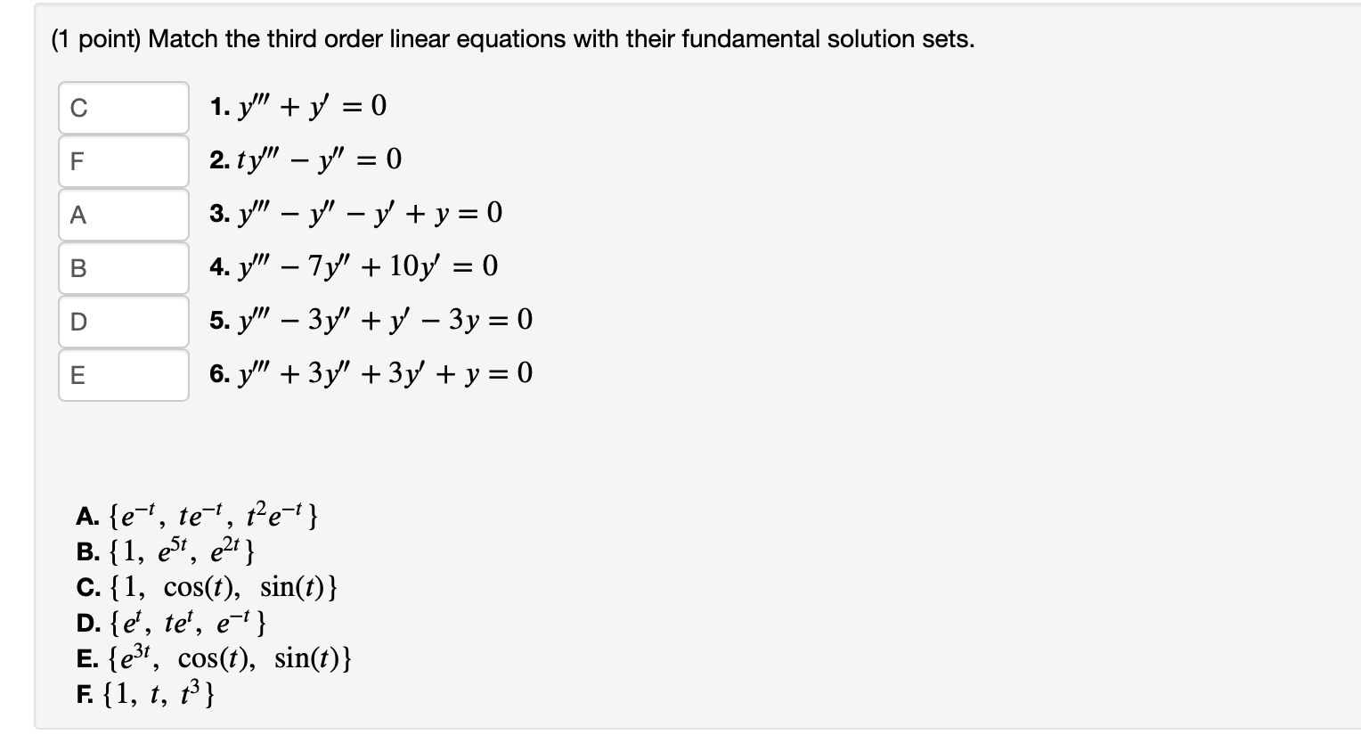 Solved (1 point) Match the third order linear equations with | Chegg.com