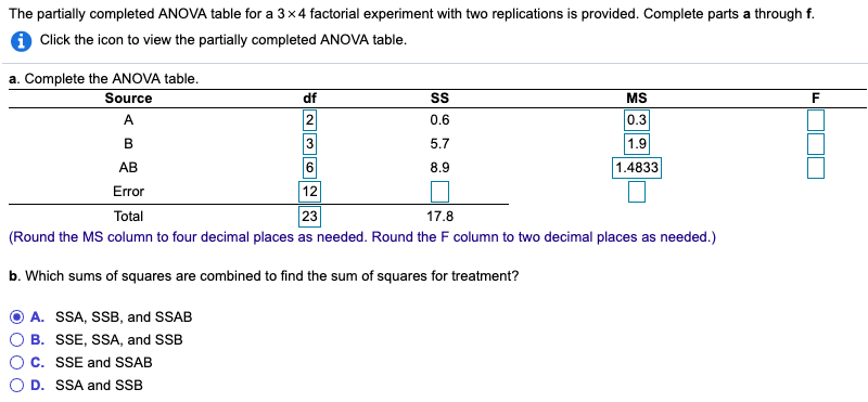 Solved The Partially Completed ANOVA Table For A 3 4 Chegg