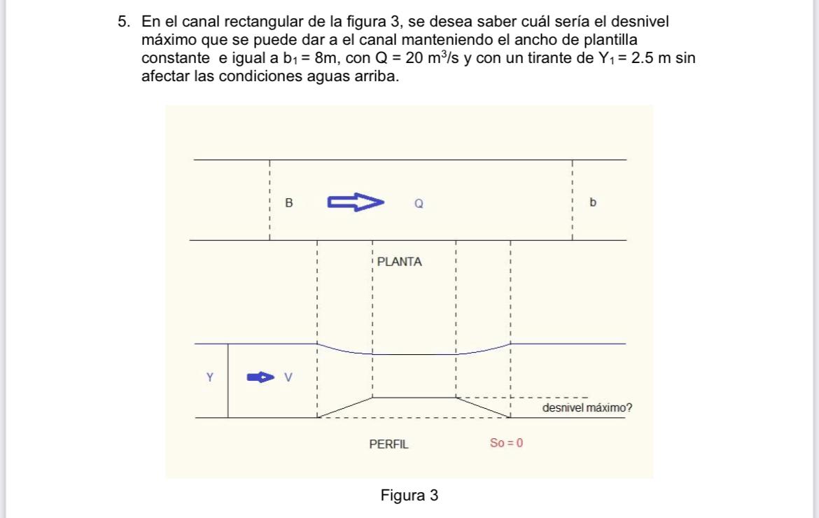 5. En el canal rectangular de la figura 3 , se desea saber cuál sería el desnivel máximo que se puede dar a el canal mantenie