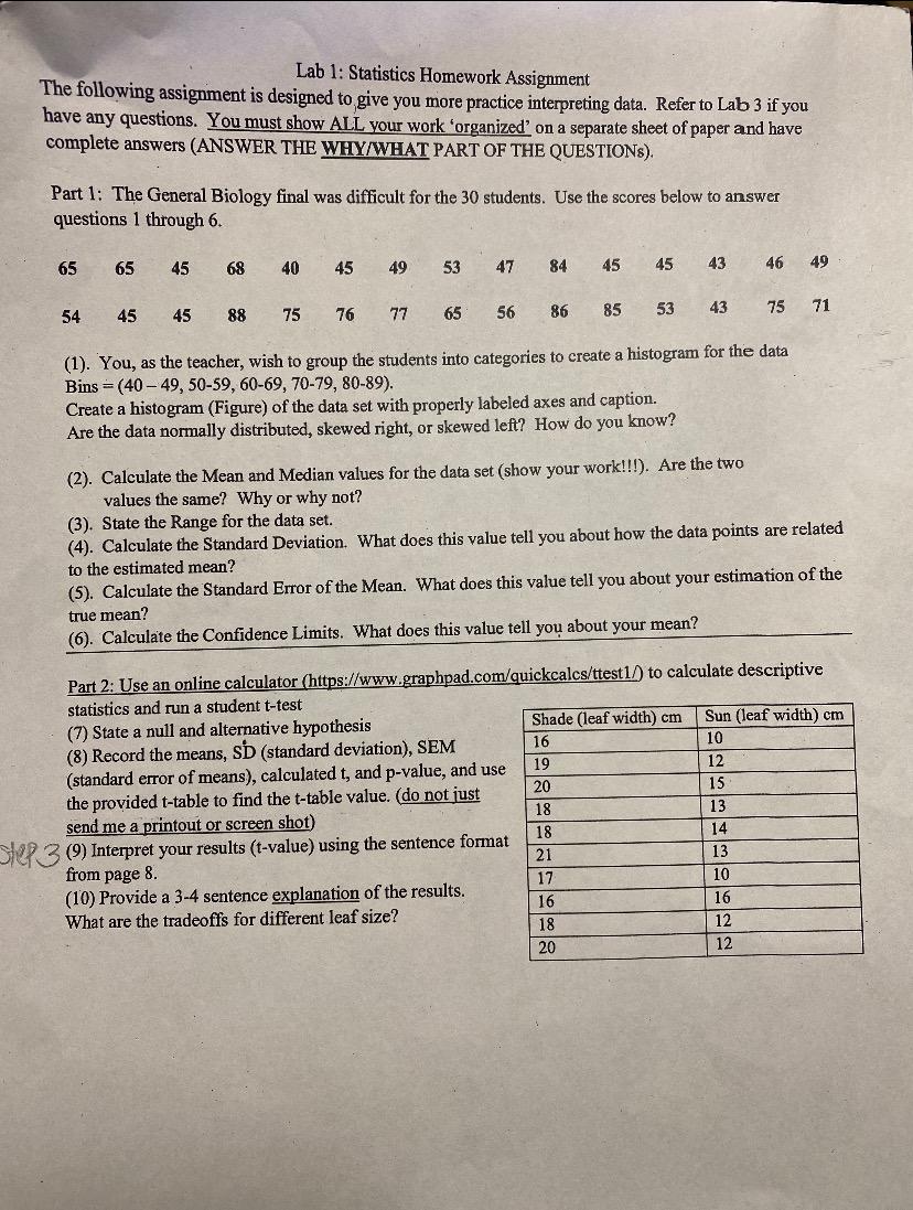 unit data and statistics homework 1 answer key