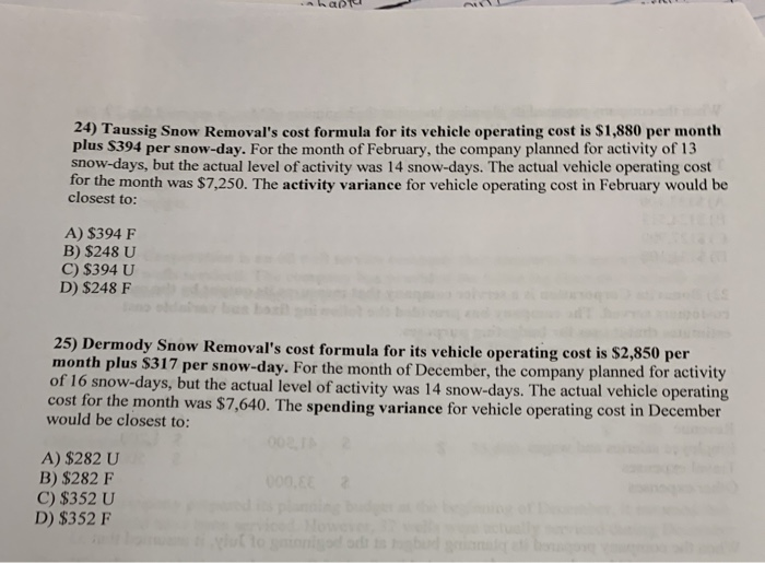 Solved 24) Taussig Snow Removal's cost formula for its
