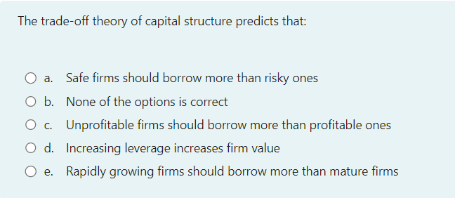 Solved The Trade-off Theory Of Capital Structure Predicts | Chegg.com