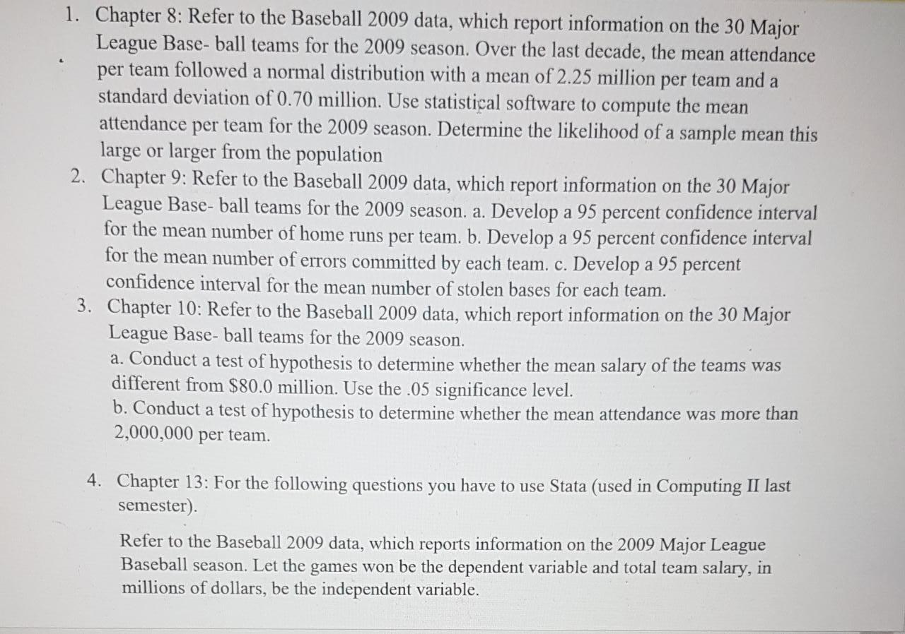 Solved 1. Chapter 8 Refer to the Baseball 2009 data, which