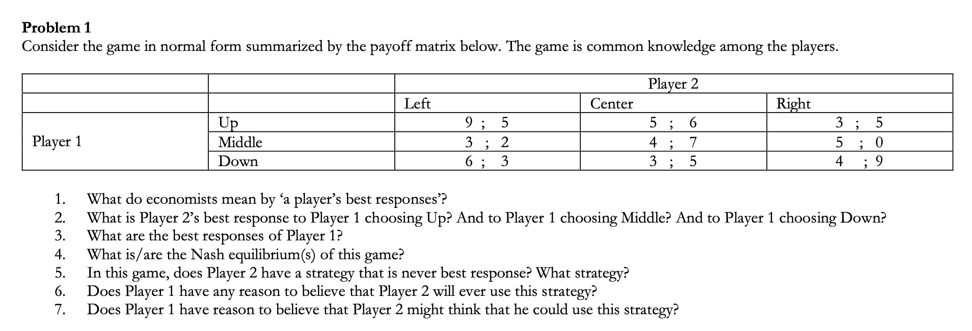Solved Problem 1 Consider the game in normal form summarized | Chegg.com