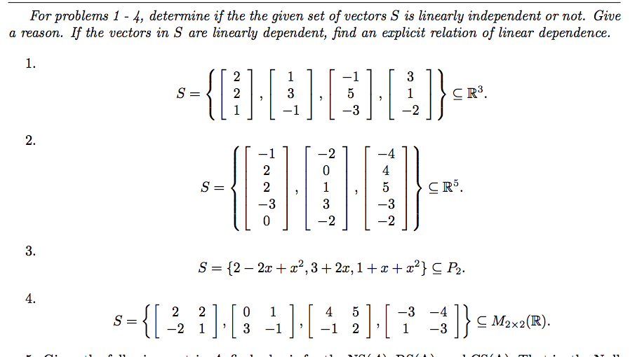 Solved For problems 1 - 4, determine if the the given set of | Chegg.com