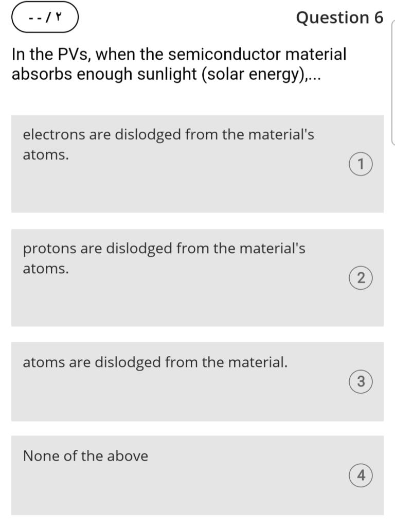 In the PVs, when the semiconductor material absorbs enough sunlight (solar energy),...
electrons are dislodged from the mater