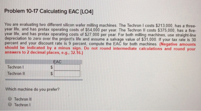 Solved Problem 10-17 Calculating EAC [LO4] You are | Chegg.com